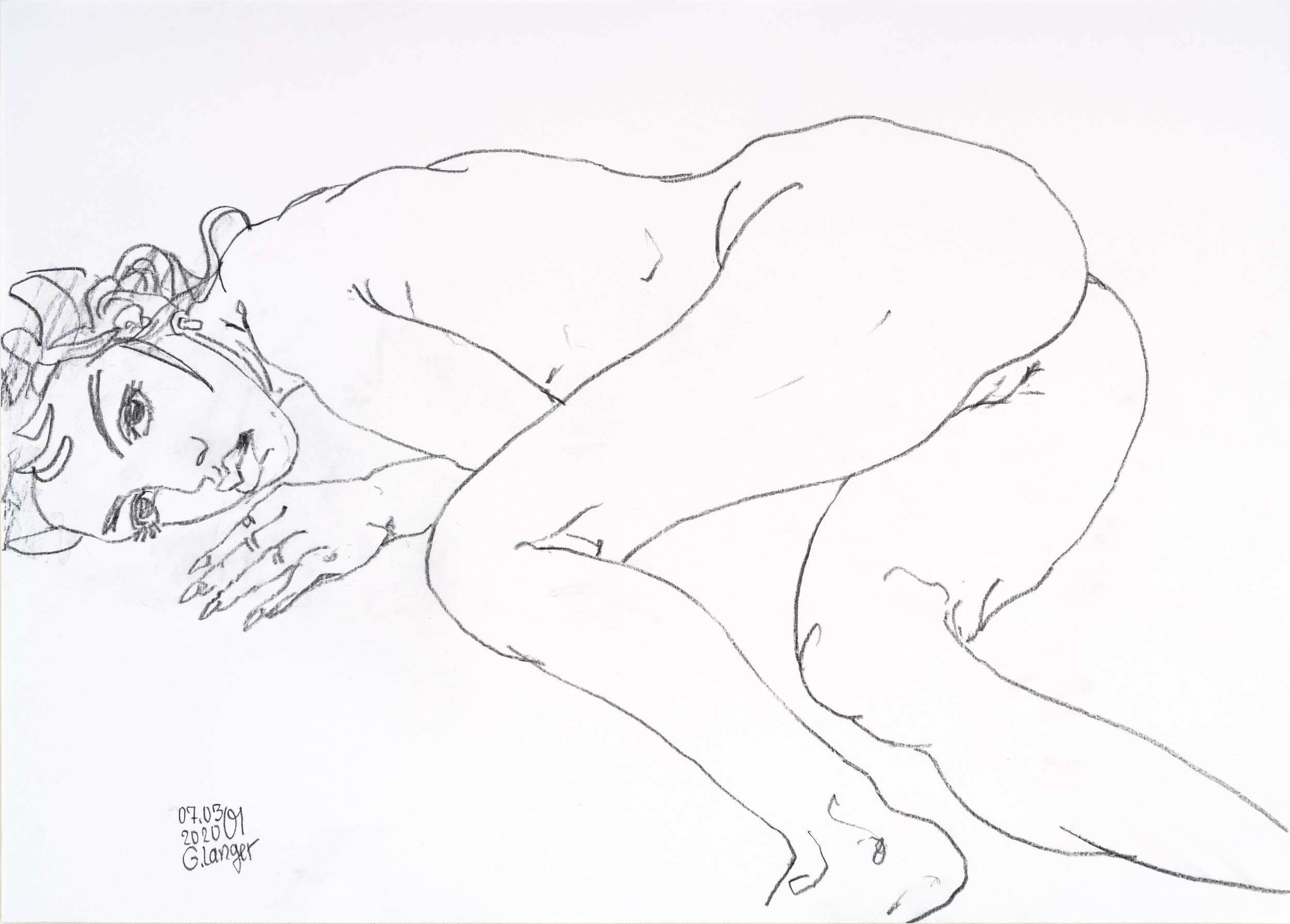 Gunter Langer, Liegendes nacktes Mädchen, 2020, Zeichenpapier, 50 x 70 cm